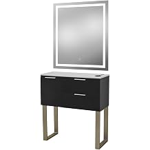 Pibbs 6002 Capri Salon Styling Station with Legs & LED Mirror - Black Wood Cabinet, White Stone Top, Brushed Silver Handles & Legs, Dimmable LED Rectangle Mirror, PIB-6002LEGS/LED-BLK-WHT-SIL-SIL-LED