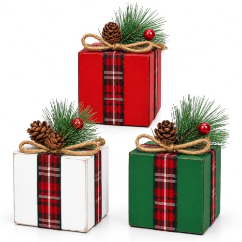 Christmas Tiered Tray Decor Set of 3 Mini Wooden Gift Box Decoration