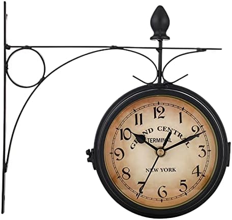 Horloge de Gare Rétro Double Face en Métal, Style Vintage Train Station pour Jardin, Cuisine, Cour, Séjour - Silencieuse