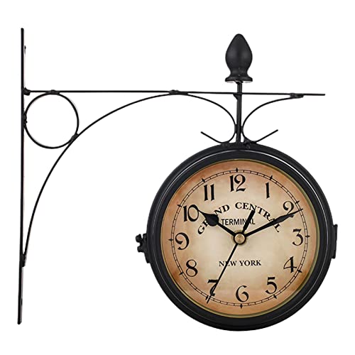 Lambo Horloge Murale Vintage, Horloge De Gare Rétro, Double Cadran avec Potence De Fixation Pendule Double Face pour L’intérieur Et L’extérieur Maison...