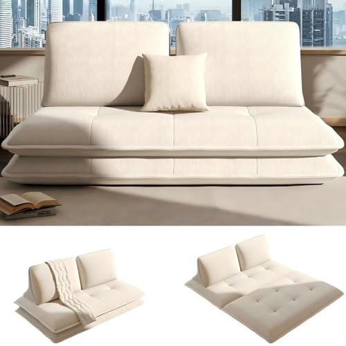 63" Convertible Modern Sofa Bed,Fireside Two Seater Sofa, Minimalist style Armless Floor Lounge Chair Bed,Small Foldable Floor Sofa Bed,Futon Couch Bed for Small Living Room, Office, Apartment(Beige)