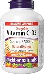 Webber Naturals Vitamin C + D Chewable Vitamin, 500 mg Vitamin C and 500 IU Vitamin D per Orange Flavoured Chewable Tablet, 200 Tablets, Supports Immune Health