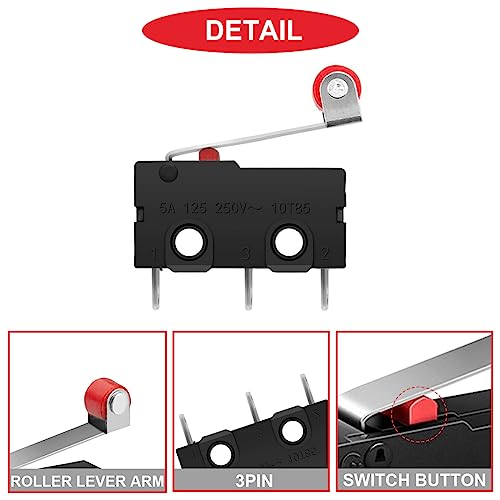 MKBKLLJY 15 szt. mikro-wyłącznik krańcowy 5A 125 250 V AC SPDT 1NO 1NC krótki zawias Roller Levr Arm przełącznik Snap Action Button Typ 3Pin mikro-wyłącznik krańcowy z dźwignią rolkową ramię czarne 45