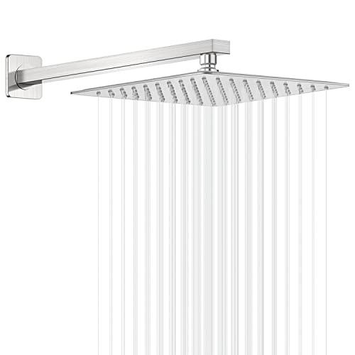 GGStudy Rain Shower Head Brushed Nickel with Extension Arm 10 Inch Square Shower Head with 16 Inch Shower Arm Large Stainless Steel Rainfall Showerhead Waterfall Full Body Coverage