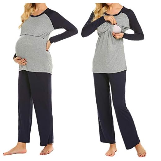 MAXMODA Pigiama Due Pezzi Premaman Donna Pigiami Allattamento Scollo a U Vestaglia Ragazza Manica Lunga con Pantaloni Navy Blu XXL