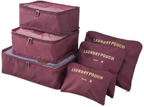 Travel Storage Bag Set, 6 Pieces, for Clothes Organiser, Wardrobe Suitcase Pouch, Shoes Packing Cube, Laundry Pouch (PLUM)