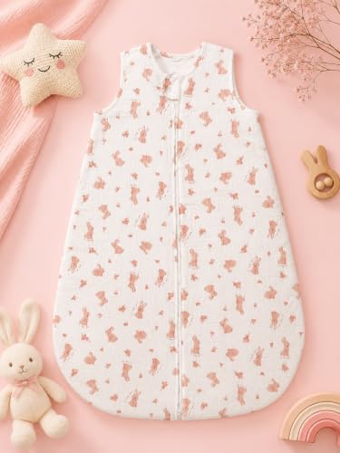Image of TuddyBuddy Baby Cotton Wearable Quilted Sleeping Bag Blanket 1.5 Tog with 1 Way Zipper Closure | Ideal for Babies & Kids Hypoallergenic Fabrics | (Muslin Pink Rabbits AOP - White, 0-6 Months)