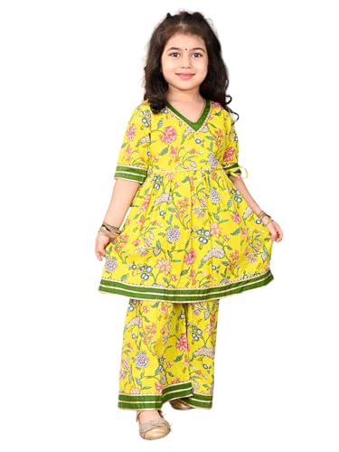 Image of superminis Girls Cotton Floral Printed Gota Patti Work Half Sleeves Sharara Suit