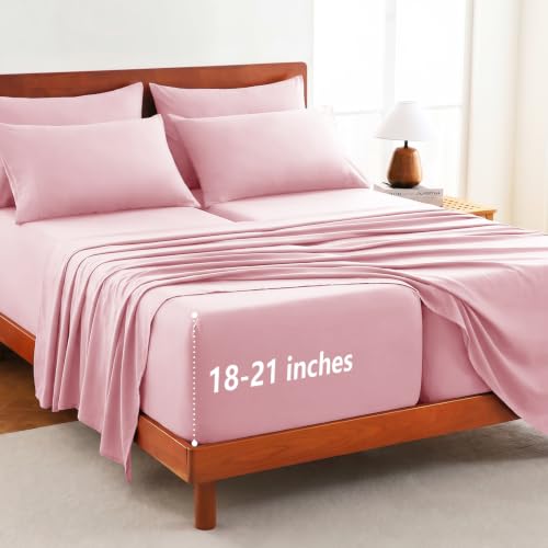 Image of CozyLux 7-Piece Split King Sheets, Fits 18-21 Inch Mattresses, Oeko-TEX | 4 Pillowcases, 1 Flat Sheet and 2 Fitted Sheets with All-Around Elastic, 21-Inch Deep Pockets for a Secure Fit, Pink