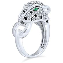 Bling Jewelry Green Eye Black White Cubic Zirconia CZ Fashion Leopard Panther Cat Statement Ring For Women Silver Plated Brass