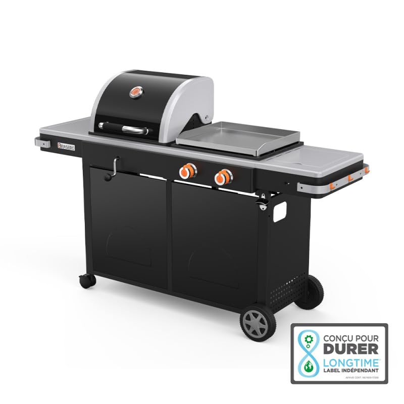 BRASERO BY FAVEX – Bi‑Energy L – Plancha gaz et barbecue charbon – 2 x 3,6 kW – plaque inox 49 x 42 cm – grille 48 x 42 cm – réglage charbon par manivelle – 10 à 12 convives