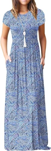 Image of EUOVMY Women's Short Sleeve Loose Plain Maxi Dresses Casual Vacation Long Dresses with Pockets