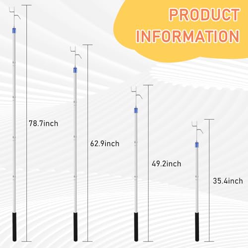 Aoiaute Stainless Steel Heavy Duty Clothes Hook Pole, 35-78Inch Adjustable Reach, 2 Hooks for Closet, Outdoor, Garment, Hangers
