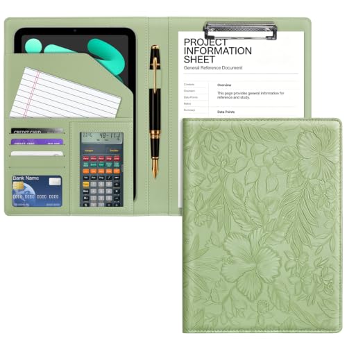 WAVEYU Professional Padfolio with Clipboard, Embossed Faux Leather Portfolio Folder Binder, Legal Pad Holder for A4 Letter Size Notepad, Resume, Organizer for Business Conference for Women Men, Green