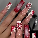 HOSAILY Summer Flower Press on Nails for Women, Long Square Hot Pink Ombre 3D Tropical Floral Rhinestone Spring Beach Fake False Nails, 24Pcs Glossy Full Cover Stick on Gradient Nails with Glue
