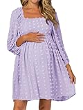 Ofenbuy Women's Long Sleeve Maternity Dress Square Neck Swiss Dot Casual Loose Short Dresses Light Purple