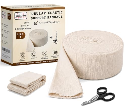 Tubular Compression Bandage Size D (3” x 33 ft) – Elastic Stockinette Support Sleeve for Elbow, Leg, Calves, Bicep &amp; Arm – Cut-to-Fit, Washable Reusable, No Pins/Tape – Plus Medical Scissors