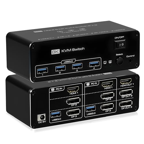 Commutateur KVM triple moniteur 8K pour 2 ordinateurs et 4 ports USB 3.0
