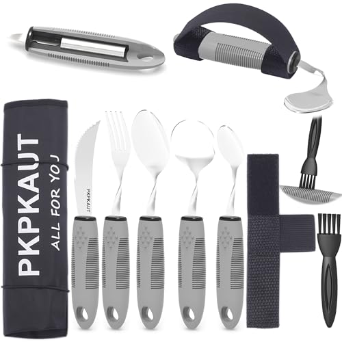 PKPKAUT Weighted Parkinsons Utensils for Hand Tremors, Weighted Silverware for Parkinsons Patients Arthritic Hands, Built Up Utensils for Adults, Adaptive Eating Utensils for Disabled People Elderly