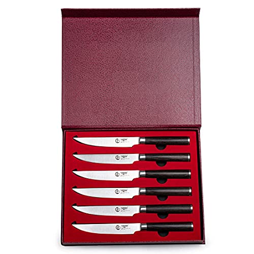 Foto von YARENH Steakmesser Set 6 Teilig, Steak Messer aus Deutschem Edelstahl Geschmiedet,Ultrascharfe Gezackte Klinge und Ergonomischer Holzgriff, Tafelmesser mit Geschenkbox, Steakbesteck Set HXZ-Serie