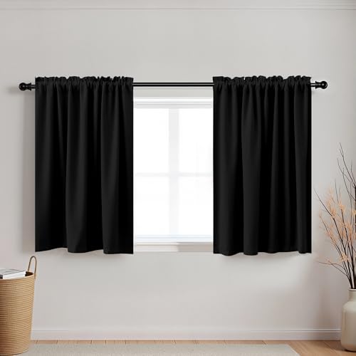 KOUFALL Cabinet Curtains 30 Inch Length,Blackout Cafe Curtains for Small Window Under Kitchen Sink Black