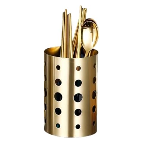 Tomotato Kitchen Utensil Holder, Gold Stainless Steel Chopsticks Spoon Storage Rack Countertop Utensil Organizer with Drain Holes Cover