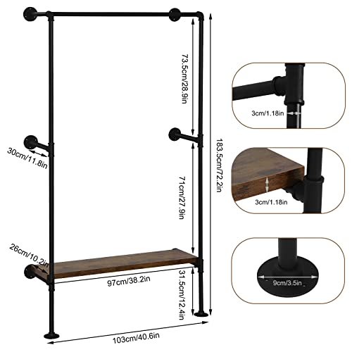 WOLTU Kleiderstange industrial schwarz,Kleiderständer für Wandmontage,Garderobenständer mit Ablage,für Schlafzimmer,Kleiderstangensystem aus Metallrohren MDF