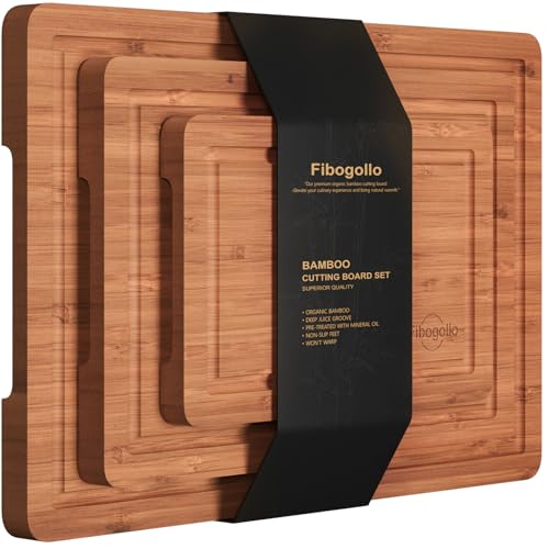 Fibogollo Bamboo Cutting Boards (set of 3), Carbonized Bamboo Chopping Boards with Juice Groove for Kitchen Meal Prep and Serving