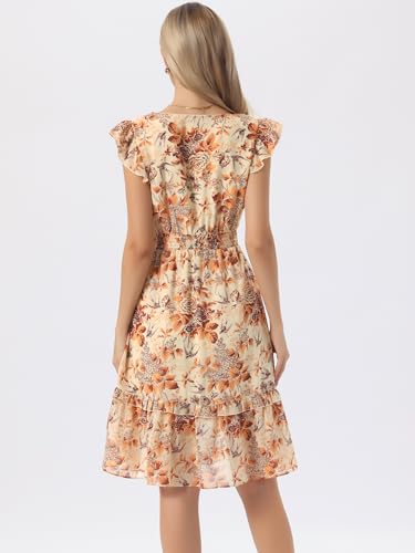 Image of Allegra K Women's Floral Dress Spring Summer V Neck Flutter Sleeve Ruffle Casual Smocked Knee Length Dresses