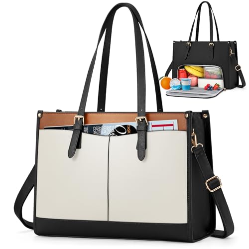 RAINSMORE Lunch Tote Bag for Women 15.6 Inch Laptop Bags with Insulated Lunch Compartment Large Leather Quilted Computer Tote for Teacher Nurse Work Collage Casual