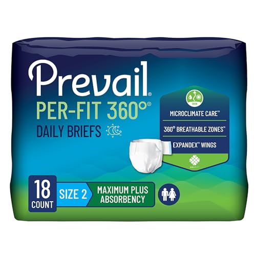 Prevail Per-Fit 360 Daily Incontinence Briefs, Unisex Adult Incontinence Briefs with Tabs, Maximum Plus Absorbency, Size 2, 72 Count (4 Packs of 18)