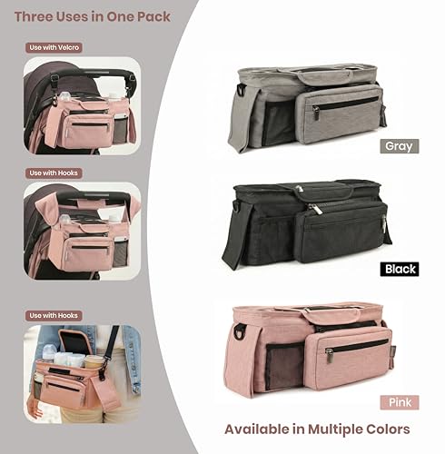 Kovire Pink Universal Stroller Organizer with 2 Insulated Cup Holders, 3-in-1 Stroller Caddy with Detachable Phone Bag & Non-Slip Shoulder Strap, Fits Uppababy, Nuna, Doona, Baby Essentials — view 5