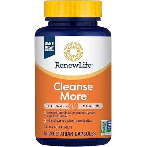 Renew Life Cleanse More Herbal Formula with Magnesium for Overnight Occasional Constipation Relief; Helps Promote Waste and Toxin Elimination; Gluten, Dairy and Soy Free; 60 Vegetarian Capsules* Cover