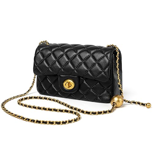 DORIS&JACKY Small Quilted Crossbody Purse for Women Designer Lambskin Shoulder Cellphone Purse with Twist Lock and Chain Strap (Black)