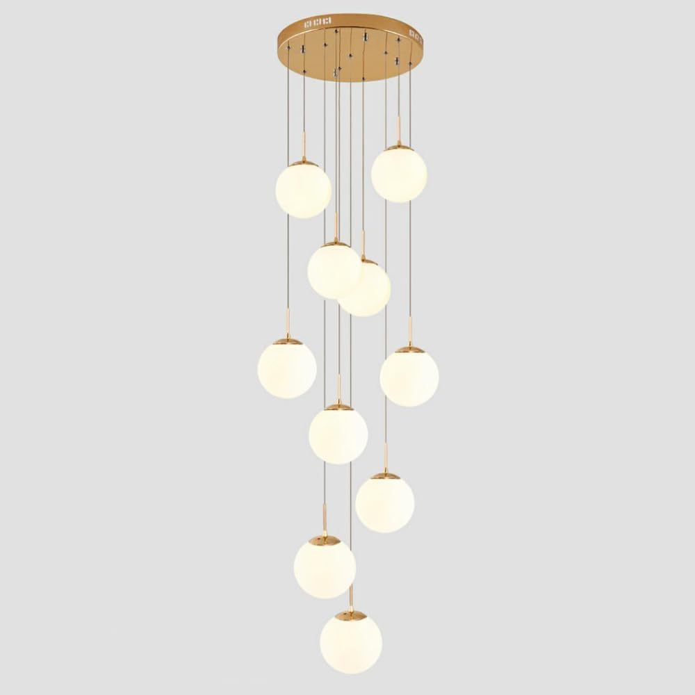 HYJAUSXB Mid Century Modern 10 Ball White Milk Glass Chandelier for High Ceilings Elegant Staircase Foyer Pendant Light Fixture