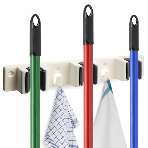 Colgador de Escobas, Colgador de Fregonas, Soporte Pared fregonas y escobas | 3 Posiciones, Plástico, 26 cm Largo x 4 cm Alto, Blanco, Apto para para Baño, Hogar, Cocina, Garajes, Jardín