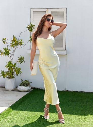 Image of Women's Spaghetti Strap Midi Satin Silk Dresses Slip Cowl Neck Party Cocktail Evening Sexy Dress