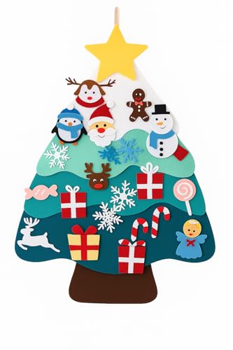 BUDYX. Árbol de Navidad azul de Fieltro para niños. con sus adornos. Decoración Navideña educativa Montessori para puertas, paredes y ventanas. Juego familiar reutilizable.