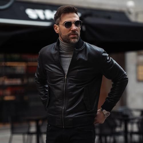 Image of TLC Varsity Bomber Jacket Men | Ribbed Style Sleek Black Leather Bomber Jacket Men