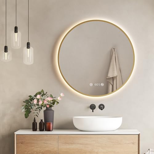 EMKE Badspiegel mit Beleuchtung rund 70 cm – Gebürsteter Gold Badezimmerspiegel mit Antibeschlag, Dimmbar, Uhr, Temperaturanzeige, Touch, Speicherfunktion, energiesparend Runder Spiegel