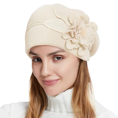 Image of Nawati Flower Women Beret, Double Layer Thickened Winter Knitted Beanie Beret Hat, Stylish French Dress Beret Hats for Women Lady Beige