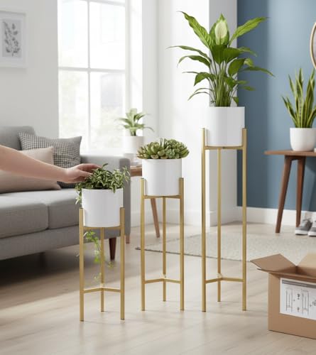 Image of Planters for Indoor Planters Indoor Plant Stands with Pots (White /Gold (Tall Stands) Set of 3)