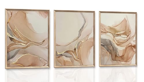 Three beige and gold abstract wall art prints
