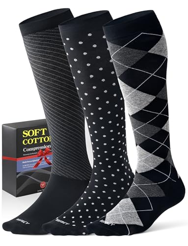 Men's Cotton Compression Socks Men 20-30mmHg - Knee High Compression Socks Support for Running Hiking & Daily Wear