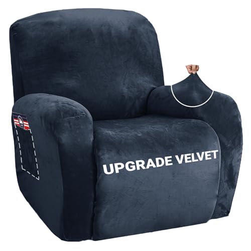 Image of ZNSAYOTX Stretch Velvet Recliner Cover 4-Pieces, Thick Soft Recliner Chair Slipcover with Pocket, Non-Slip Elastic Bottom for Kids Pets, Luxury Plush Reclining Protector Comfy Washable (Navy Blue)