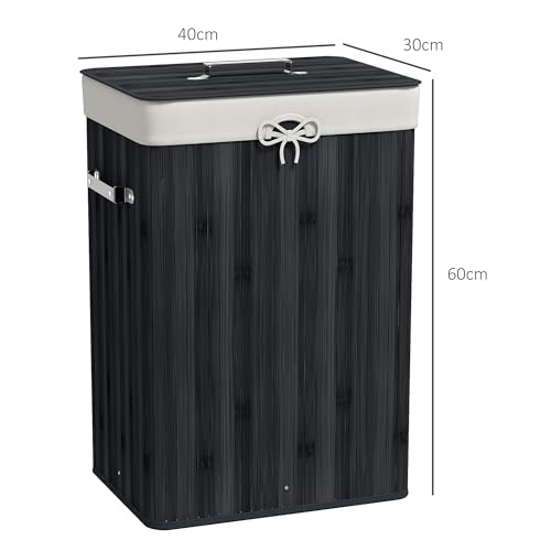 Miniatura 7 de Homcom Cesto De Ropa Sucia Plegable Con Tapa, Cesta Ropa Sucia De Bambú, 2 Compartimentos, Bolsa Extraíble, Para Dormitorio, Baño, Lavandería, 40x30x60 Cm, Negro