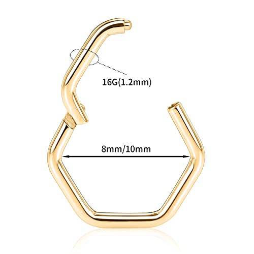 Gagabody Daith Piercing 16G Septum Jewelry Conch Jewelry Septum Piercing Gold Nose Rings 8Mm Hinged Septum Ring 16G 316L Surgical Steel Helix Earring Ear Lobe Earring Hexagon Linking Rings #TOP3