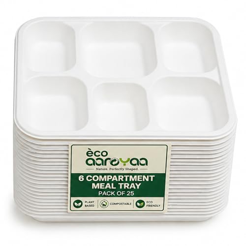 Image of Eco Bagasse 6 Compartment Meal Trays - Eco-Friendly Bagasse Disposable Plates - Strong Oil & Water Resistant Disposable Plates with Compartments for Parties, Catering & Events (Pack of 25)