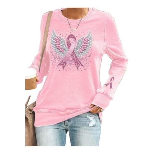 Women's Casual Breast Cancer Pink Ribbon Wings Sweatshirt in October We Wear Pink Crew Neck Tshirt