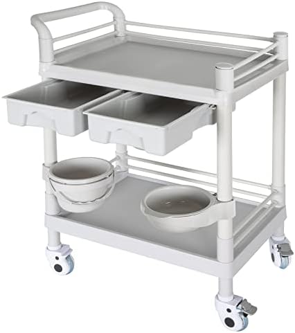 Medical Carts with Wheels 2-Shelf 330 LBS Max Load Rolling Storage Cart with Drawers Beauty Salon Utility Cart Medical Cart with 2 Dirt Buckets Mobile Ultrasound Cart for Hospital Dental Clinic